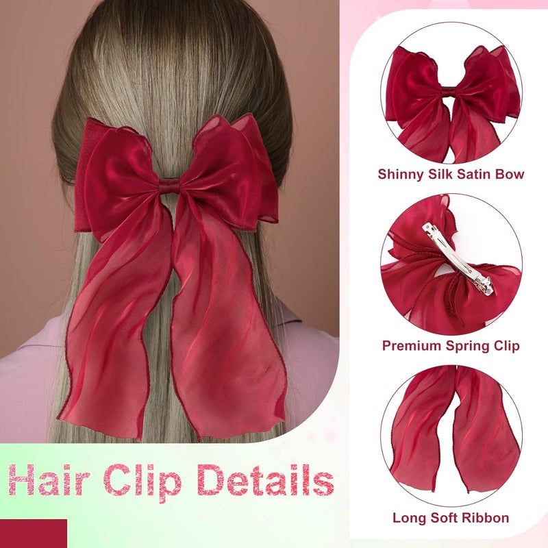 STSTR 2Pcs Large Hair Bow Clips, Silk Yarn Ribbon Bow Hair Barrette for Women, Elegant Long Tail Bowknot French Hair Accessories for Wedding, Parties, Festivals (Red) - Image 4